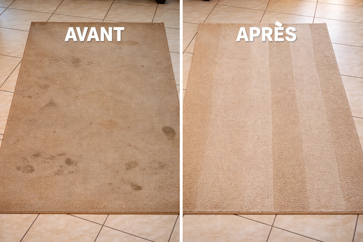 Tapis beige avant et après nettoyage à domicile à Grenoble